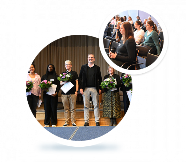 Zwei Kreise mit Fotos: Personen mit Blumensträußen auf dem Podium und das Publikum.